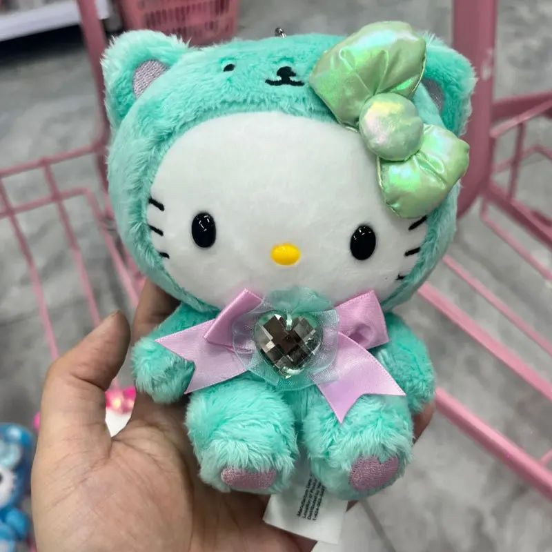 Llaveros de peluche de Hello Kitty, serie de cumpleaños de arcoíris, peluches coloridos, colgante relleno, gema, lazo, llaveros de peluche de gatito, cumpleaños g