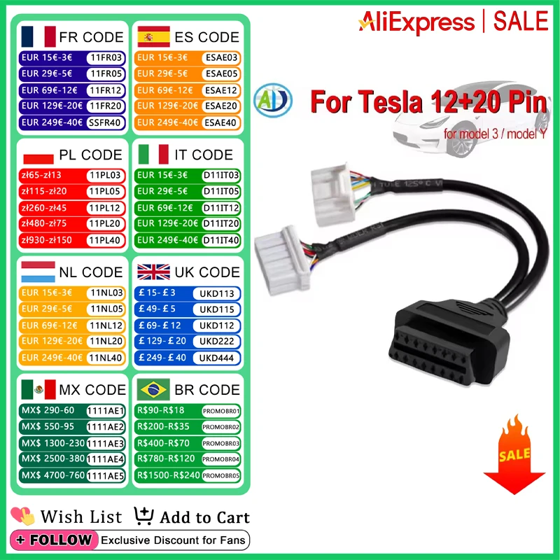 

OBDII Diagnostic Cable For Tesla Model X/S/3/Y 12Pin 20Pin OBD2 Automobile Diagnostic Adapter Harness Connector for Launch/Autel
