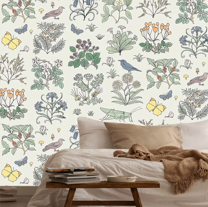 Customized mural hand-painted countryside flowers insect wallpaper home decoration plant leaves wall covering wallpaper 3d mural