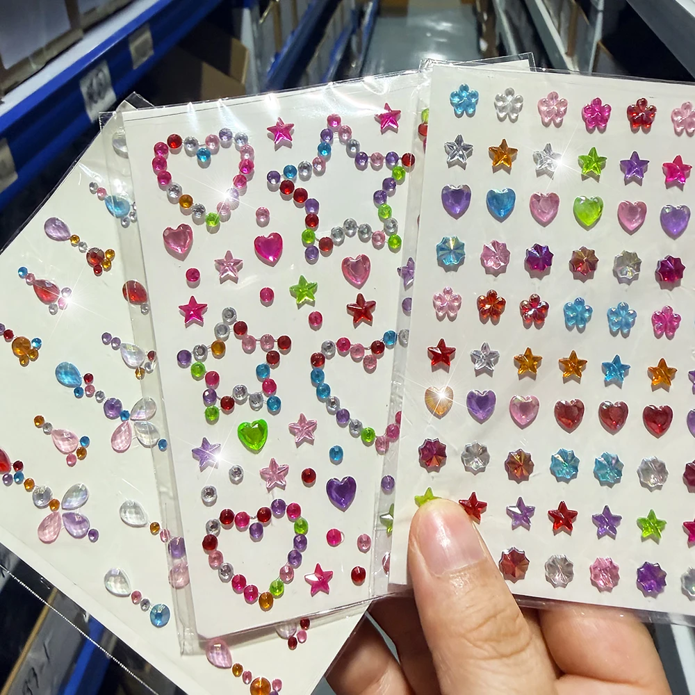 3/2pcs Mixed Shape Shiny Crystal Face Jewel Stickers Colorful Heart Star Flower Water Drop Rhinestone Temporary Tattoo Stickers