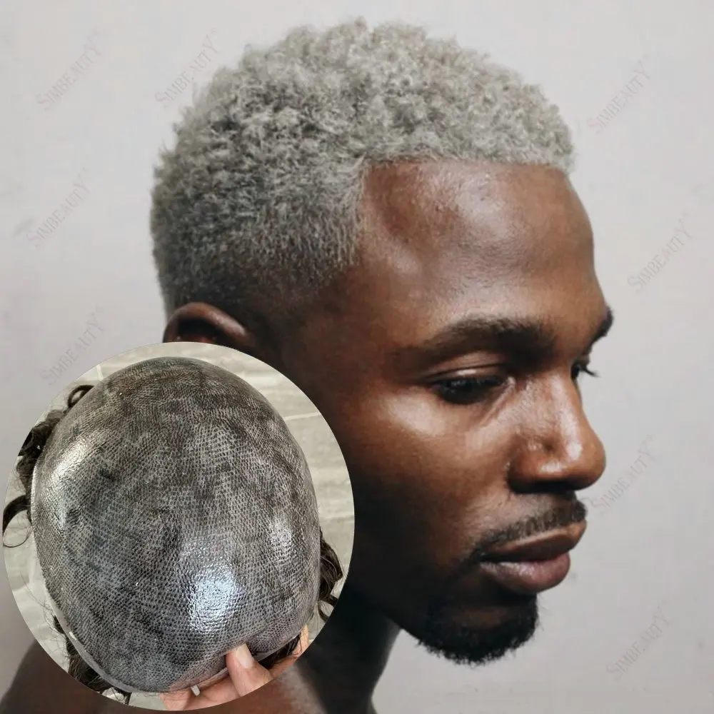 Afro Man Hairstyle 6mm Tight Curly Men's Wig#1B40 Grey Human Hair Prosthesis Capillary Durable Thin Skin Male Replacement System