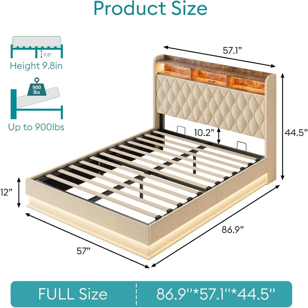 Bed Frame with Storage - Lift Up Bed Frame with Headboard, Upholstered Platform Bed with LED Lights & Charging Station