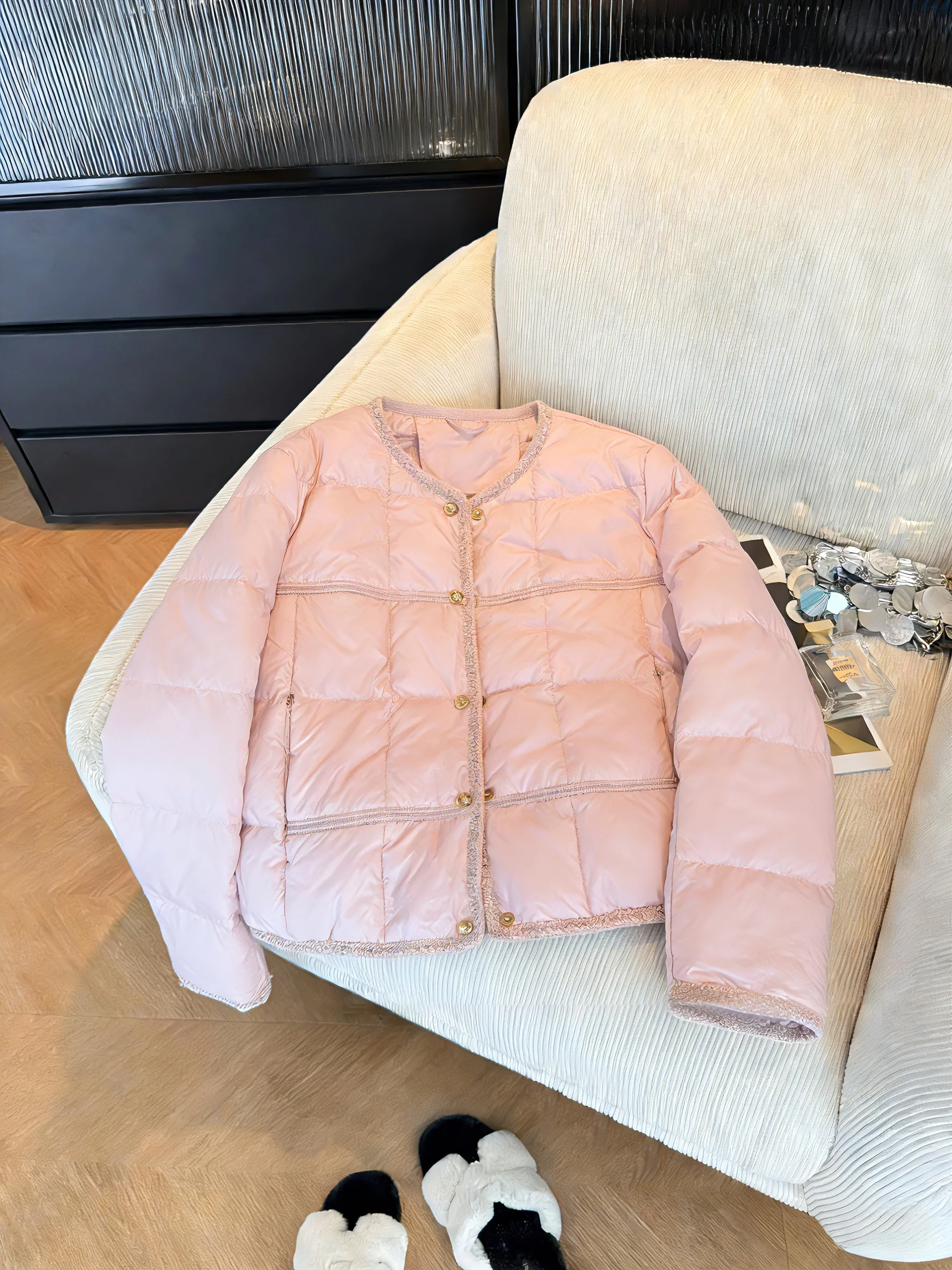 

Pink Sweet Aosphere round Ne Splicing Cotton Jaet Women's Autumn Winter Lightweight Warm Loose Coat Stand Fit Casual