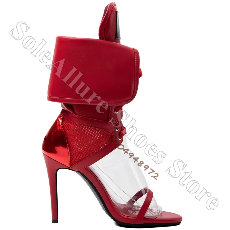 Red Fold Over Cuff Stiletto Heel Ankle Boot Sandals Open Square Toe Mesh Patchwork Lace Up High Top Sexy Party Ladies High Heels view 3