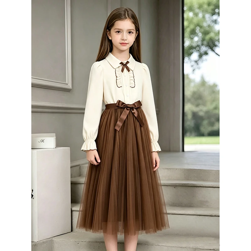 Girls 8-12 Spring Autumn Shirt Tulle Dress, Lapel Bow Frill Long Sleeve Satin Bow Belt Flowy Brown Mesh Skirt Casual Dress