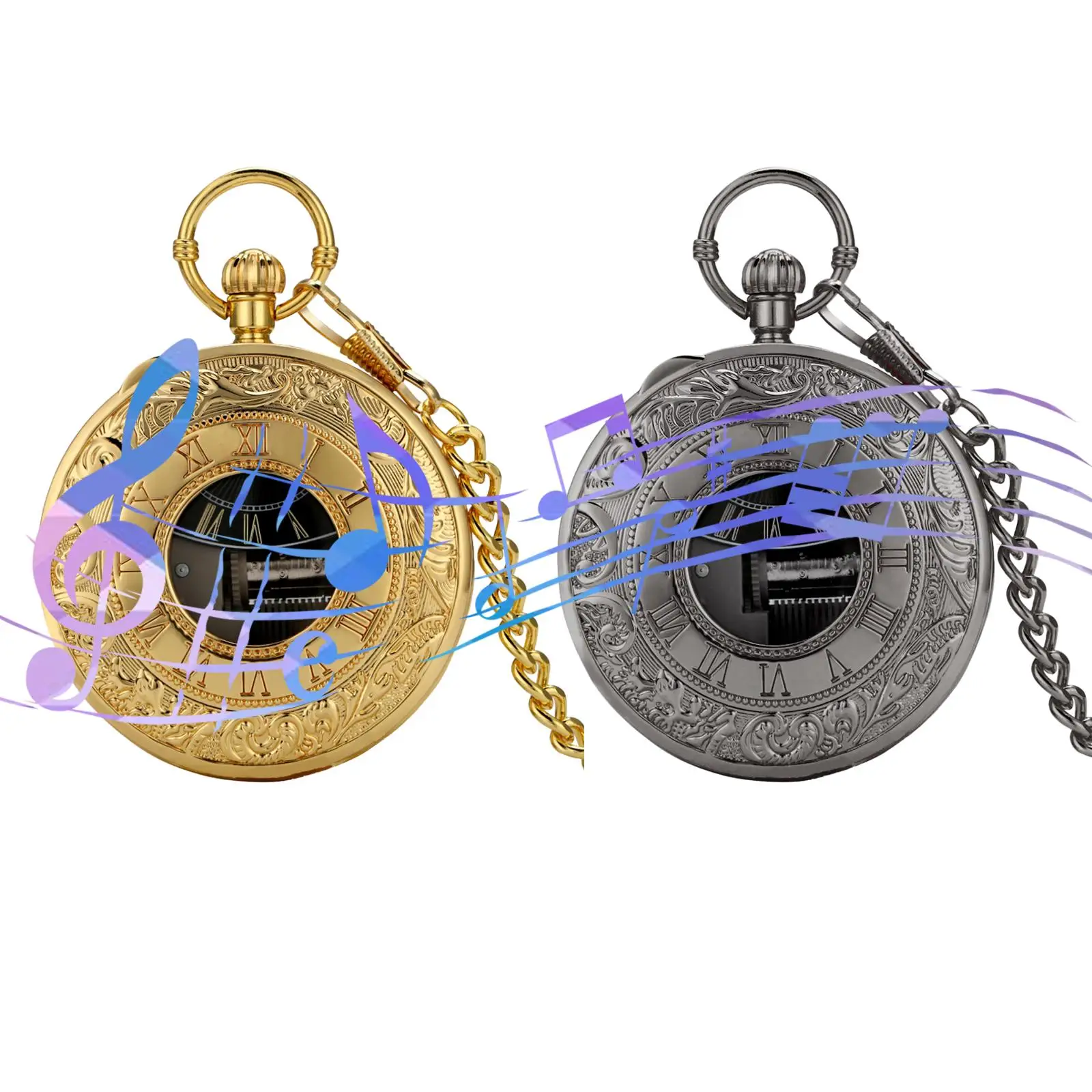 Vintage  Pocket Watch with Chain Musical Movement Roman Numeral Display Fashion