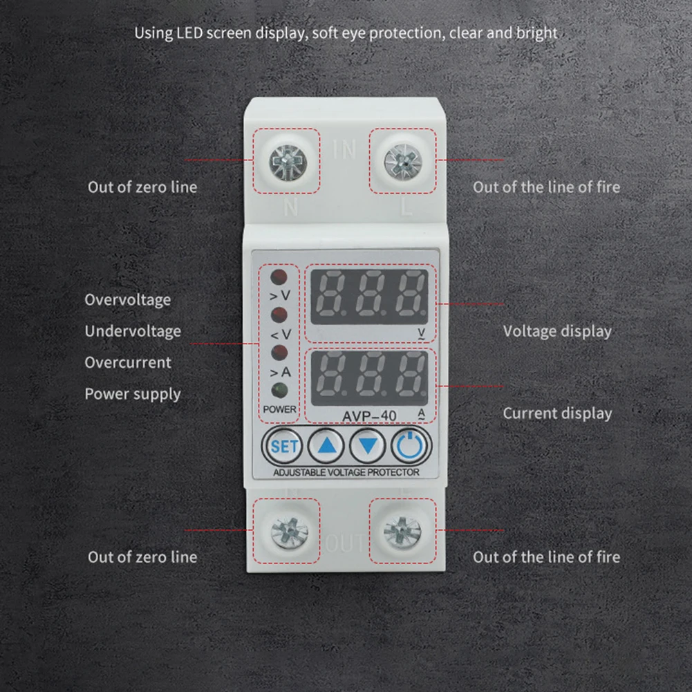 Dual Display 40A 63A 220V Din Rail Adjustable digital Over Under Voltage Relay Surge Protector Limit Over Current Protection