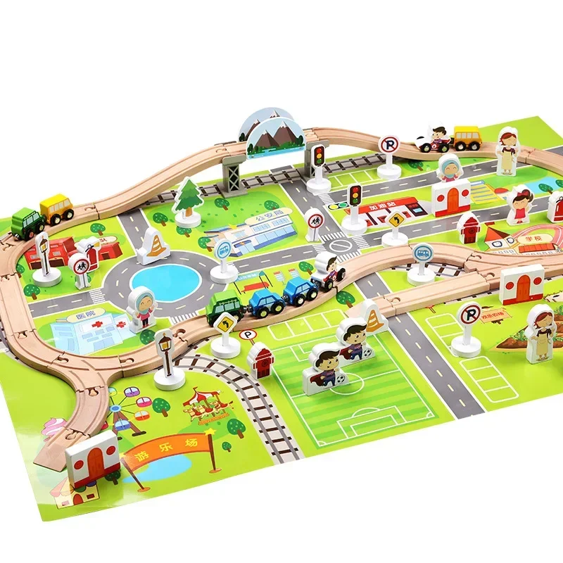 Blocs de construction de train en bois pour voiture, piste de circulation urbaine, petit train, jouets éducatifs pour enfants, cadeau d'anniversaire pour bébé, jouet amusant, 80 pièces/ensemble