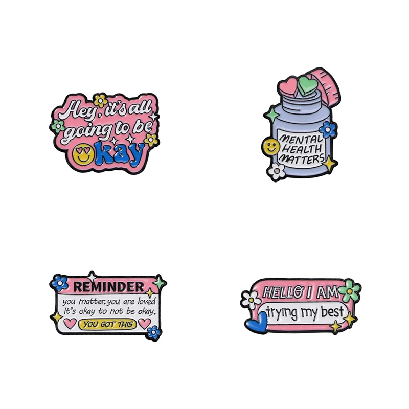 4Pcs/Set Funny Design Pink Hope Letter Words Pins Hey It's All Going To Be Okay I Am Trying My Best Enamel Brooches