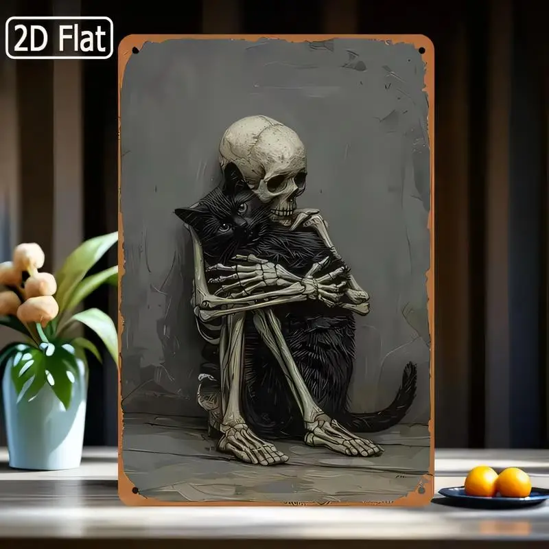 2D Flat Skeleton Hugging Black Cat Vintage Metal Tin Sign - Retro Halloween Home Decor, Iron Wall Art for Gothic Room Decoration