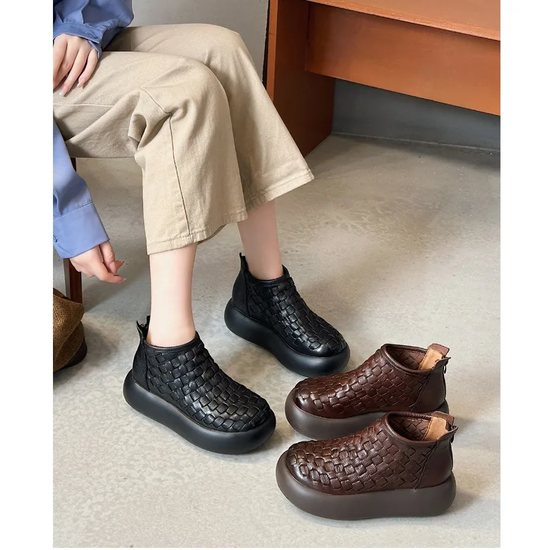 

Birkuir Retro Weave Ankle Boots For Women Back Zip Round Toe Shoes Flat Platform Casual Luxury Genuine Leather Short Boots