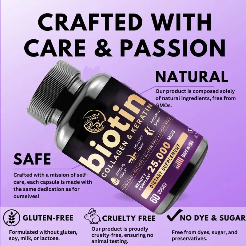 

Биотин содержит 60 капсул гиалуроновой кислоты, коллагена и кератина для ногтей и кожи, как витамины, B1、B2、B3、B6、B7