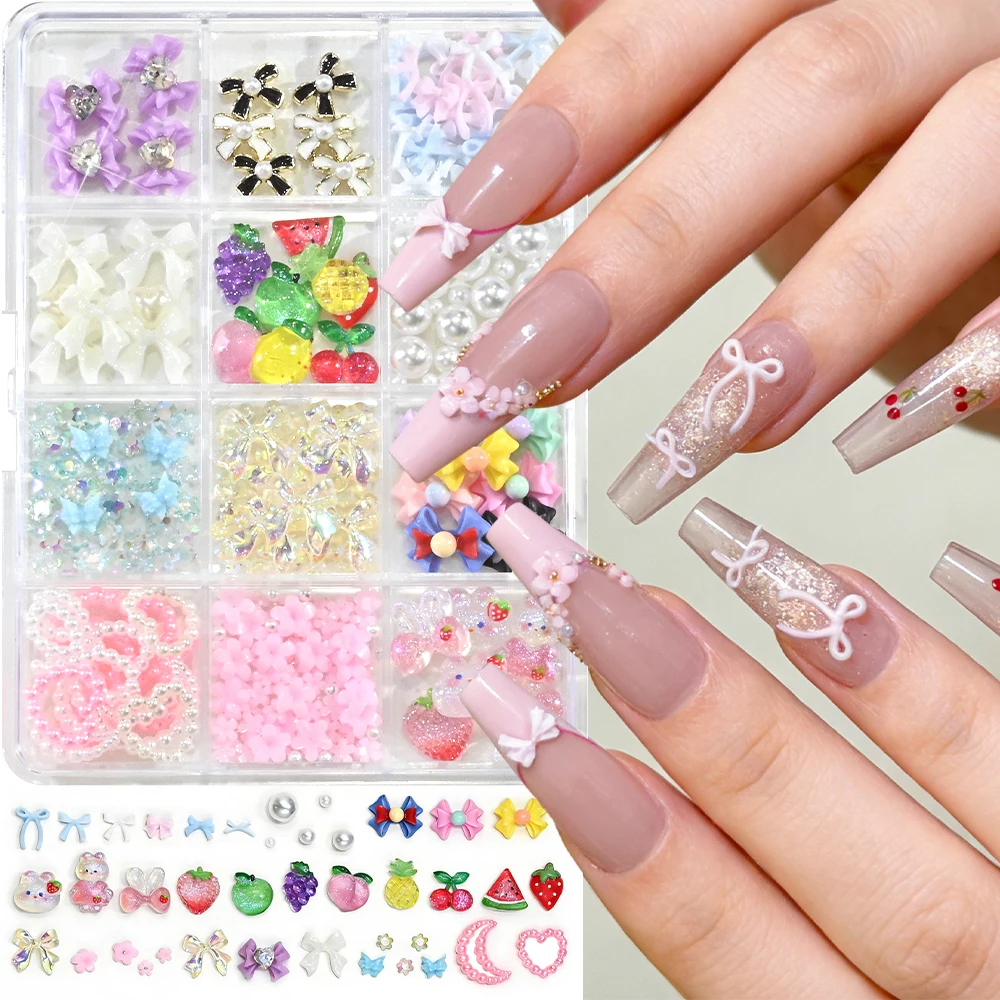 

12grids Cute Resin Bow Ribbon Nail Charms Kawaii Rabbit Strawberry Grape Lemon Cherry Nail Rhinestones Pink Acrylic Flower Nails