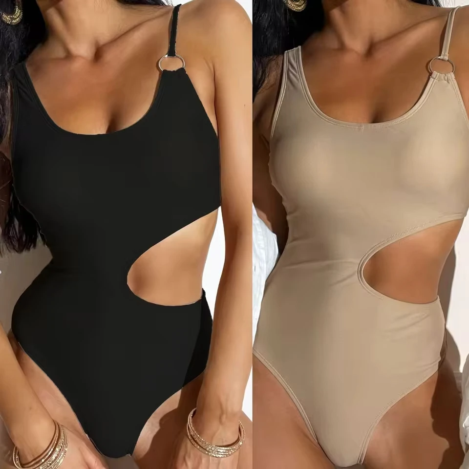 Female Sexy Openwork One Piece Swimsuit Solid Color Tight Swimsuit High Waist Sexy Bikini Set Women'S Bikinis And Tankinis