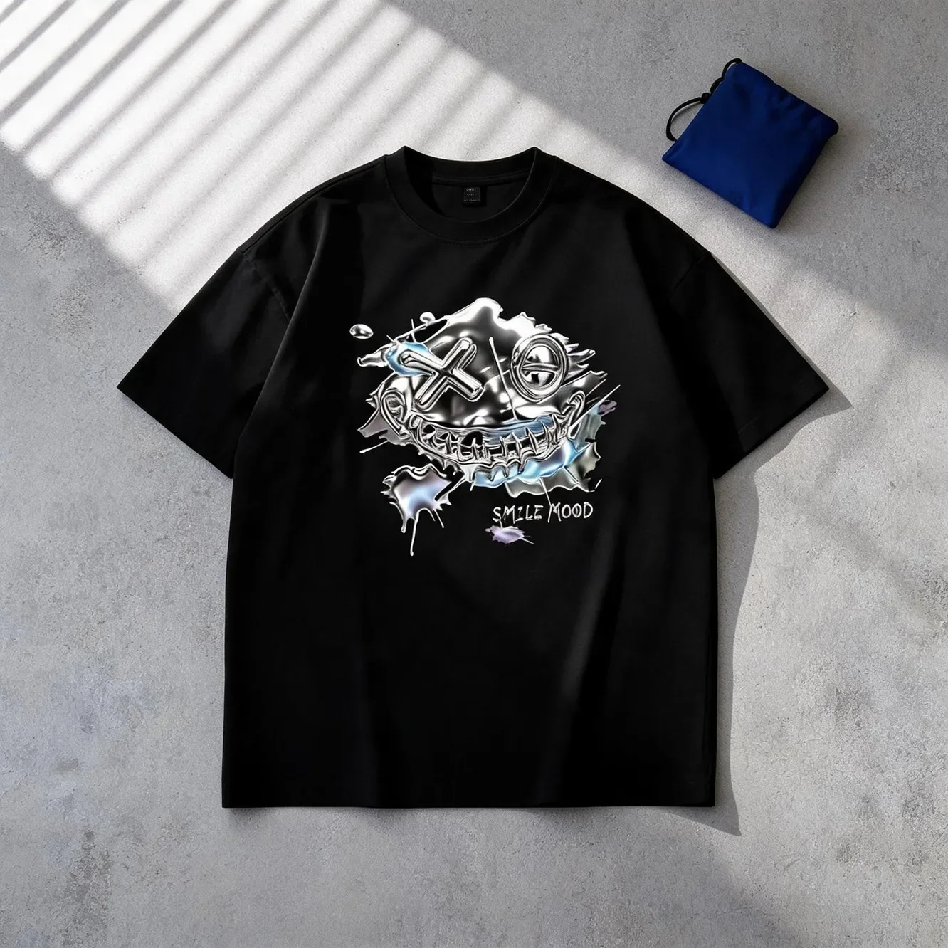 Men's Clothing Metallic Smile Face Printed Black Cotton Tshirt, Casual Crew Neck Summer Top, Unisex Style, 5XL