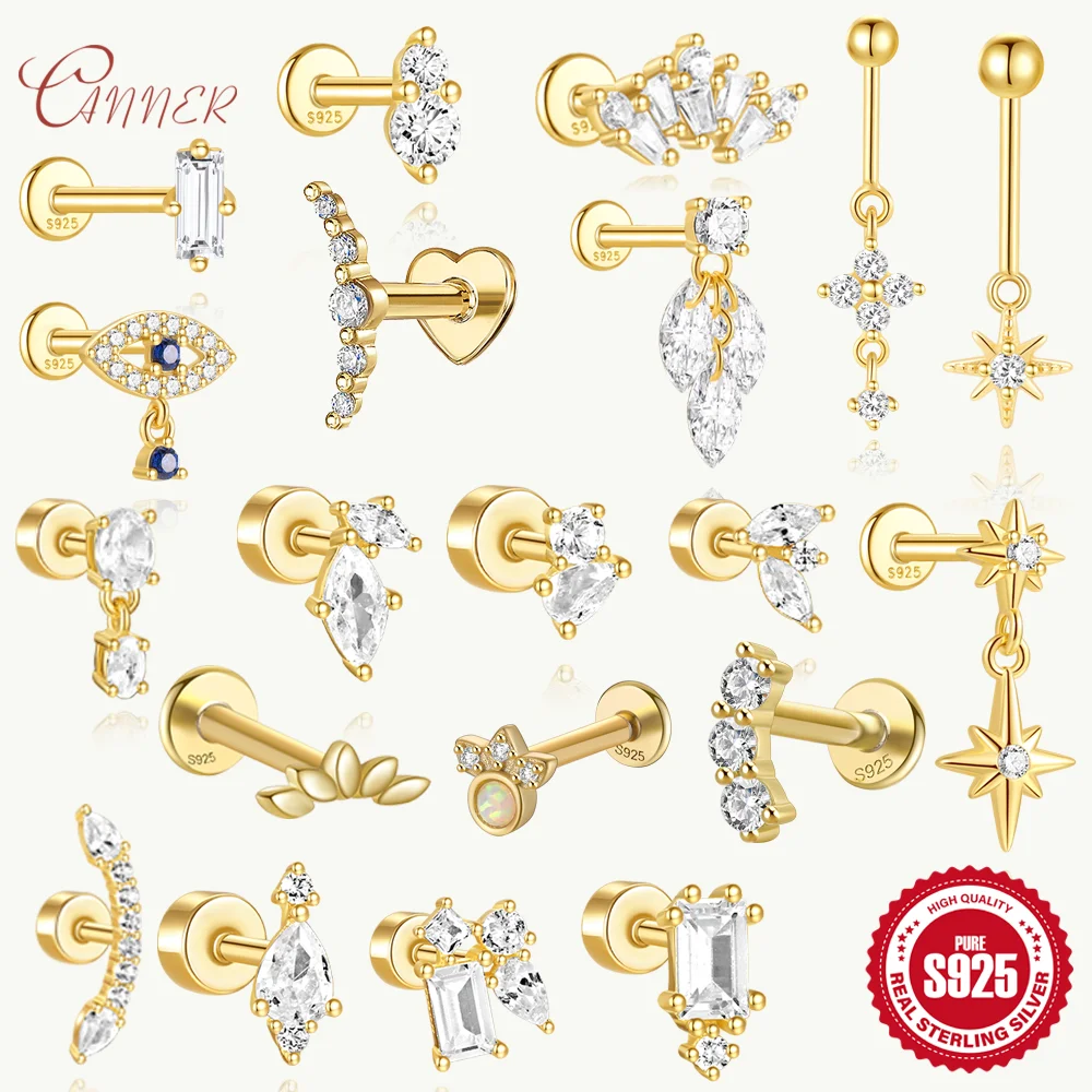 CANNER Pendientes Plata 925 Piercing Stud Earrings For Women Cubic Zirconia 925 Sterling Silver Cartilage Earring Jewerly 1pc