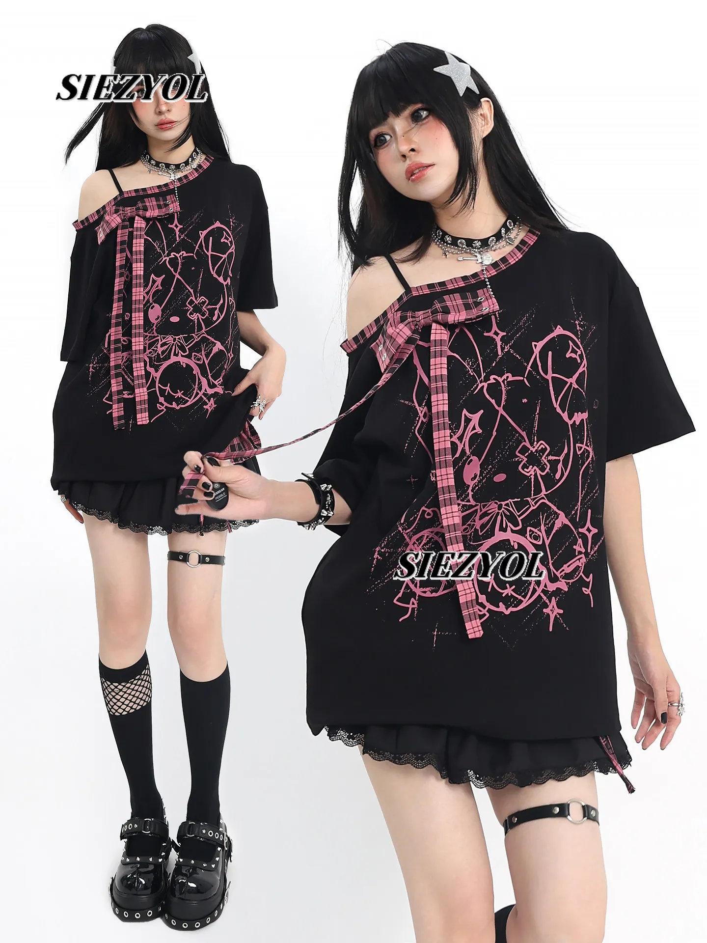 Sweet Cute Girl Black Short-sleeved T-shirt Bow Splicing Loose Tops Summer New Cool Printed Female Tees Kawaii Clothes