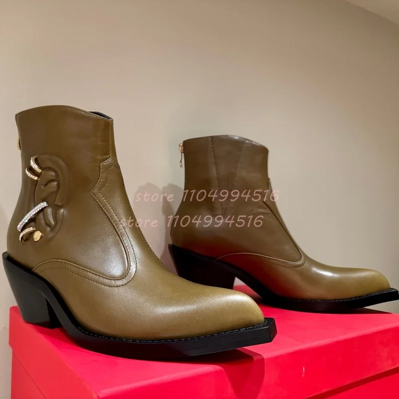 

Pierced Ear Rhinestone Chunky Heels Ankle Boots Women Back Zipper Leather Pointed Short Boots Luxury Retro Western Ladies Shoes