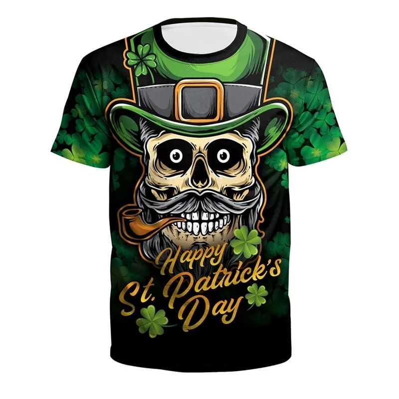 Clover Cat Skull Pattern T-Shirt For Men St. Patrick's Day 3D Printed Tees Casual Unisex Short Sleeve O-Neck Top Street T Shirts