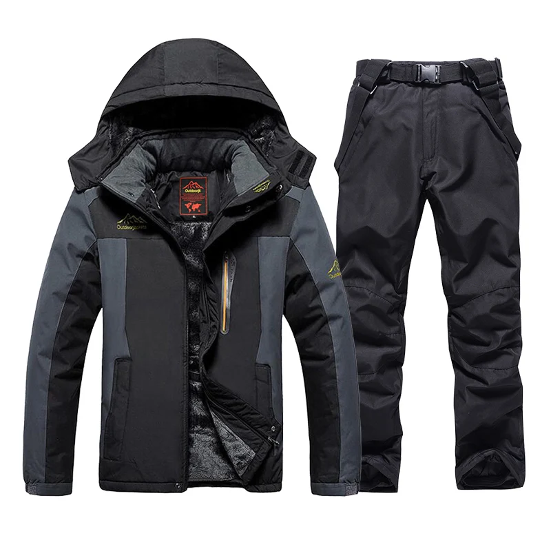 Winter Men's Ski Suit Brands Windproof Waterproof Thicken Warm Snow Coat Skiing Snowboarding Fleece Jacket And Strap Pants Set