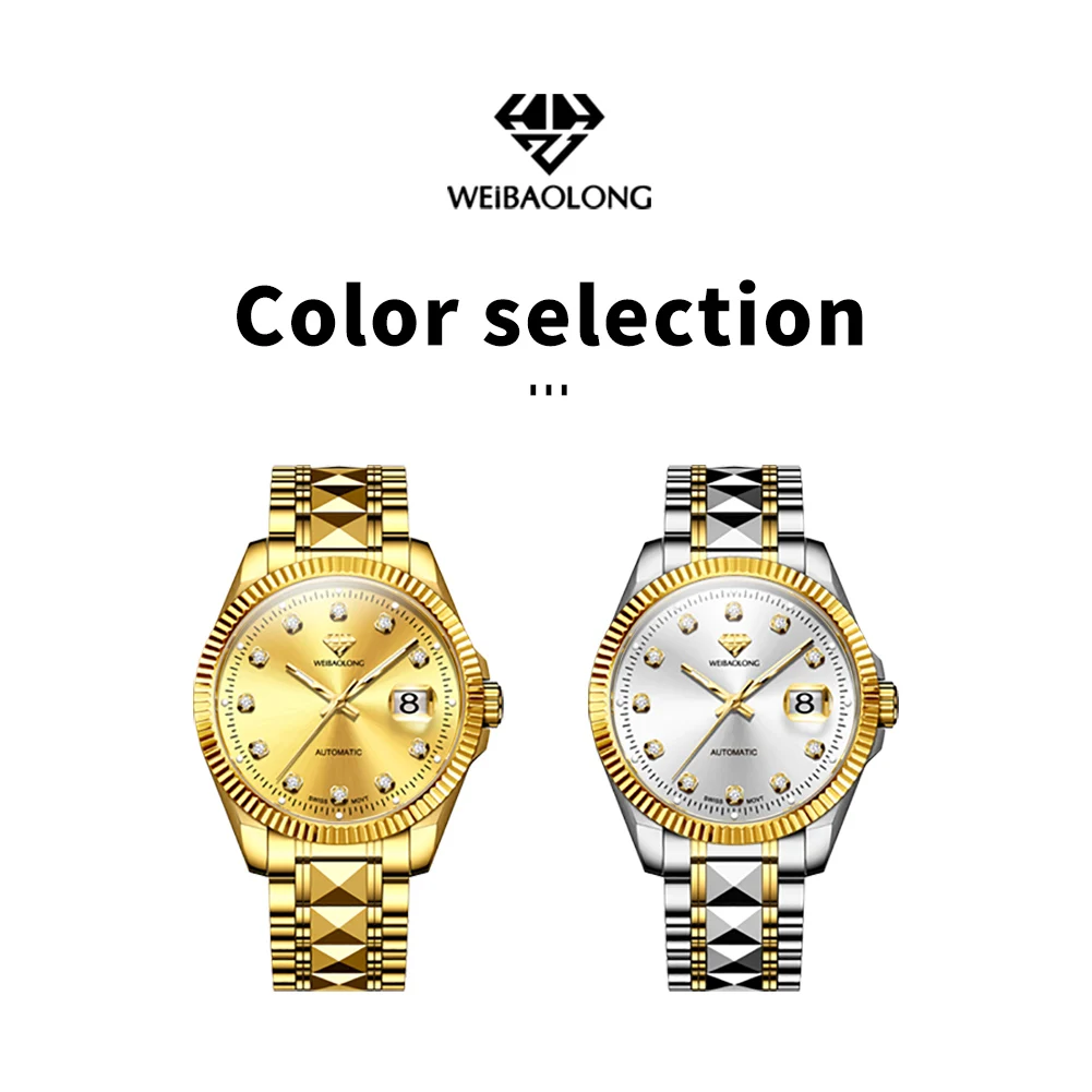 WEIBAOLONG 3802 ساعة ماسية حقيقية للرجال سويسرية أصلية ساعة ميكانيكية أوتوماتيكية مقاومة للماء ساعات رجالية مضيئة