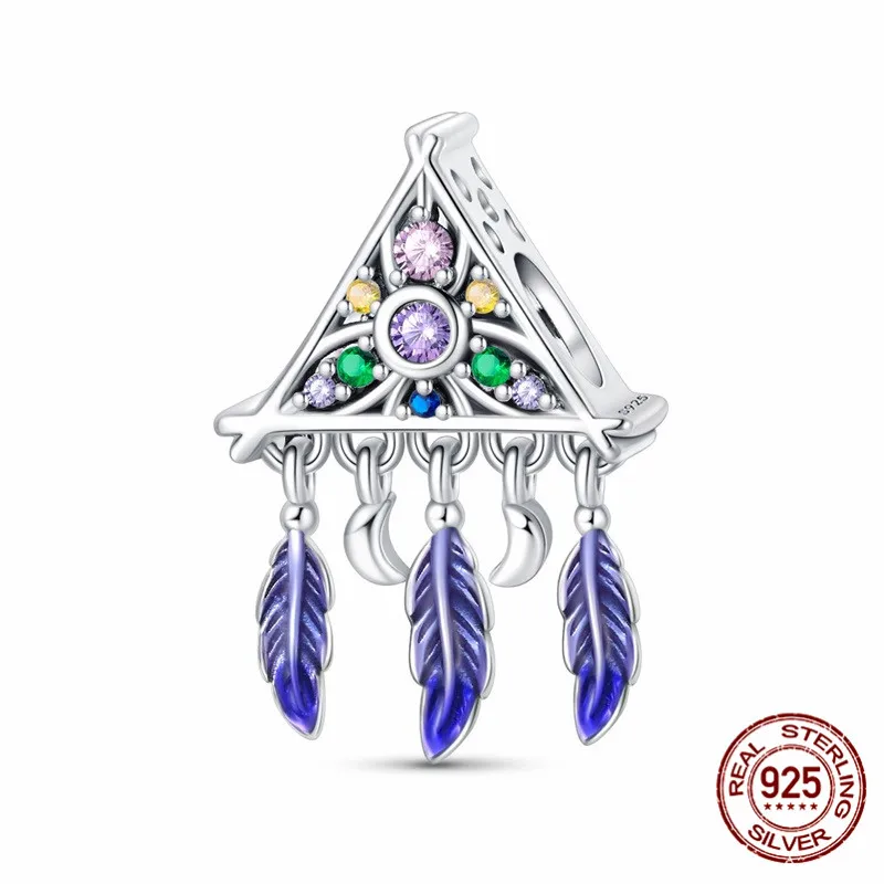 

925 Sterling Silver Zircon Triangle Pendant Romantic Bohemian Dreamcatcher Pendant Perfect for DIY Bracelets Womens Jewelry