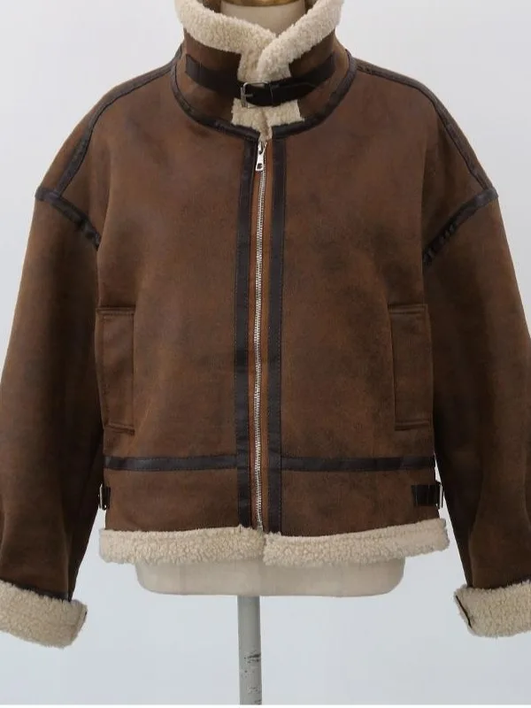 Winter Thiened Retro Leather And Fur Inteated Motorcycle Sle Women's Casual Faionable Cotton Jaet ort Outerwear