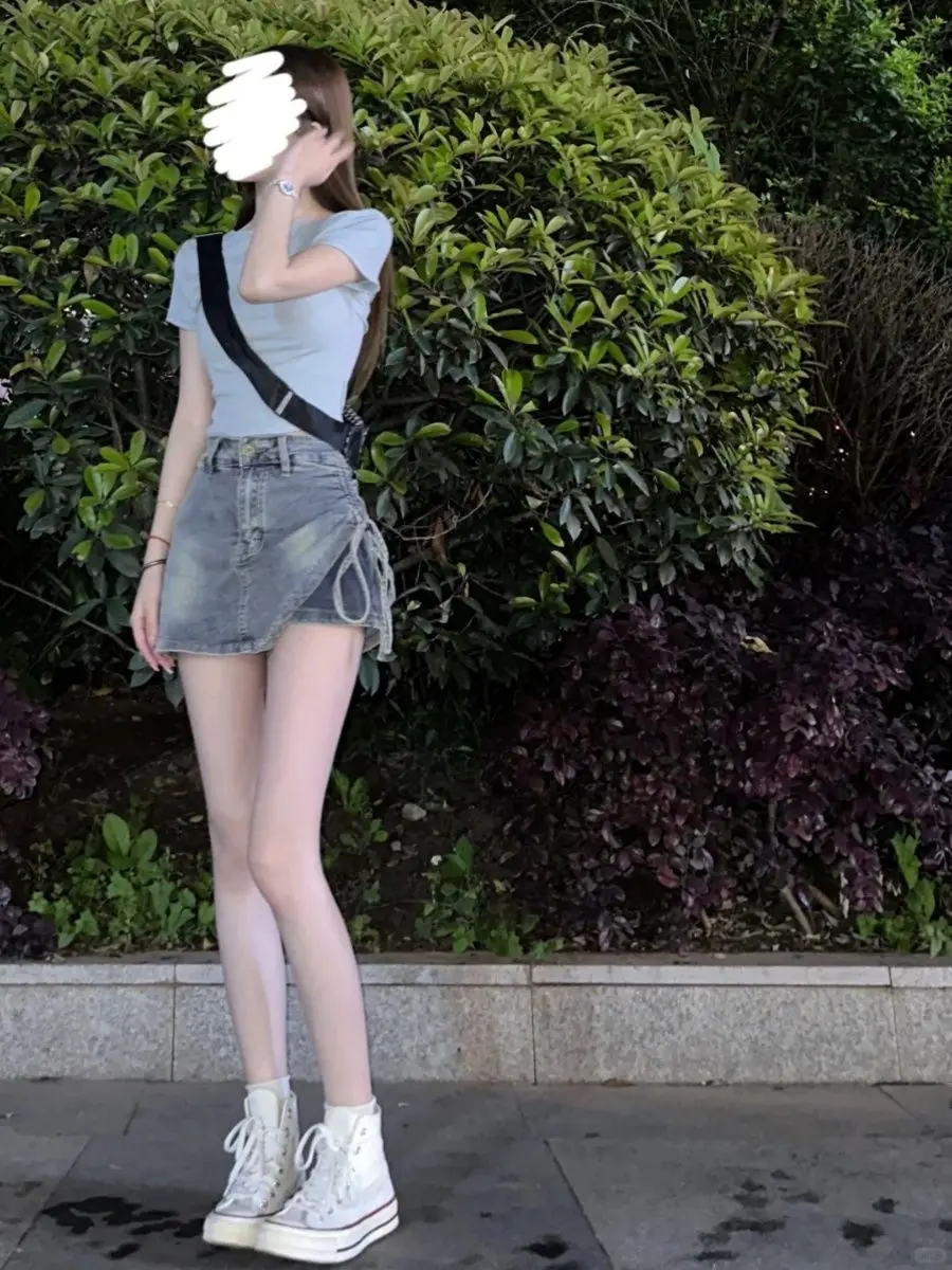 Hot Girl Straps for Women New Irregular Anti-exposure High Waist A-line Hip Denim Skirt