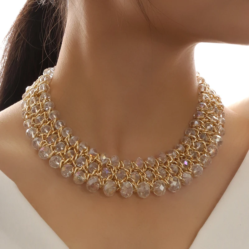 New 3 Lines Handmade Artificial Crystal Mixed Choker Necklace Women Multilayer Beads Chain Colar Necklace Woman Jewlery Gift