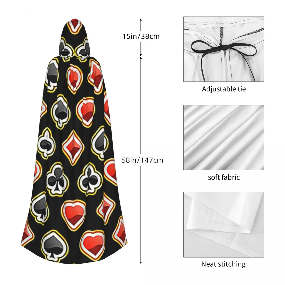 플레잉 카드 심볼 롱 후드 망토 마녀 중세 의상 코스프레 케이프 할로윈 코트 성인 유니섹스