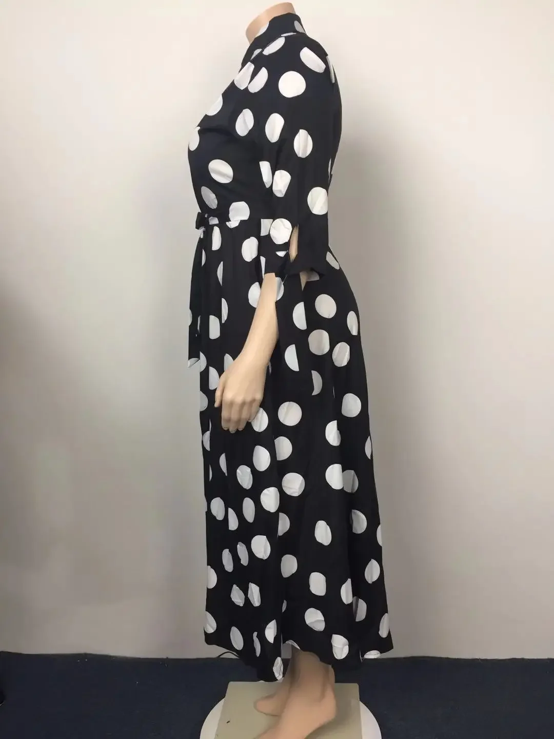 Plus Size Women Dots Printed Long Dress with Belt Autumn Half Sleeve Button Casual Dresses Elegant Streetwear Female Clothings