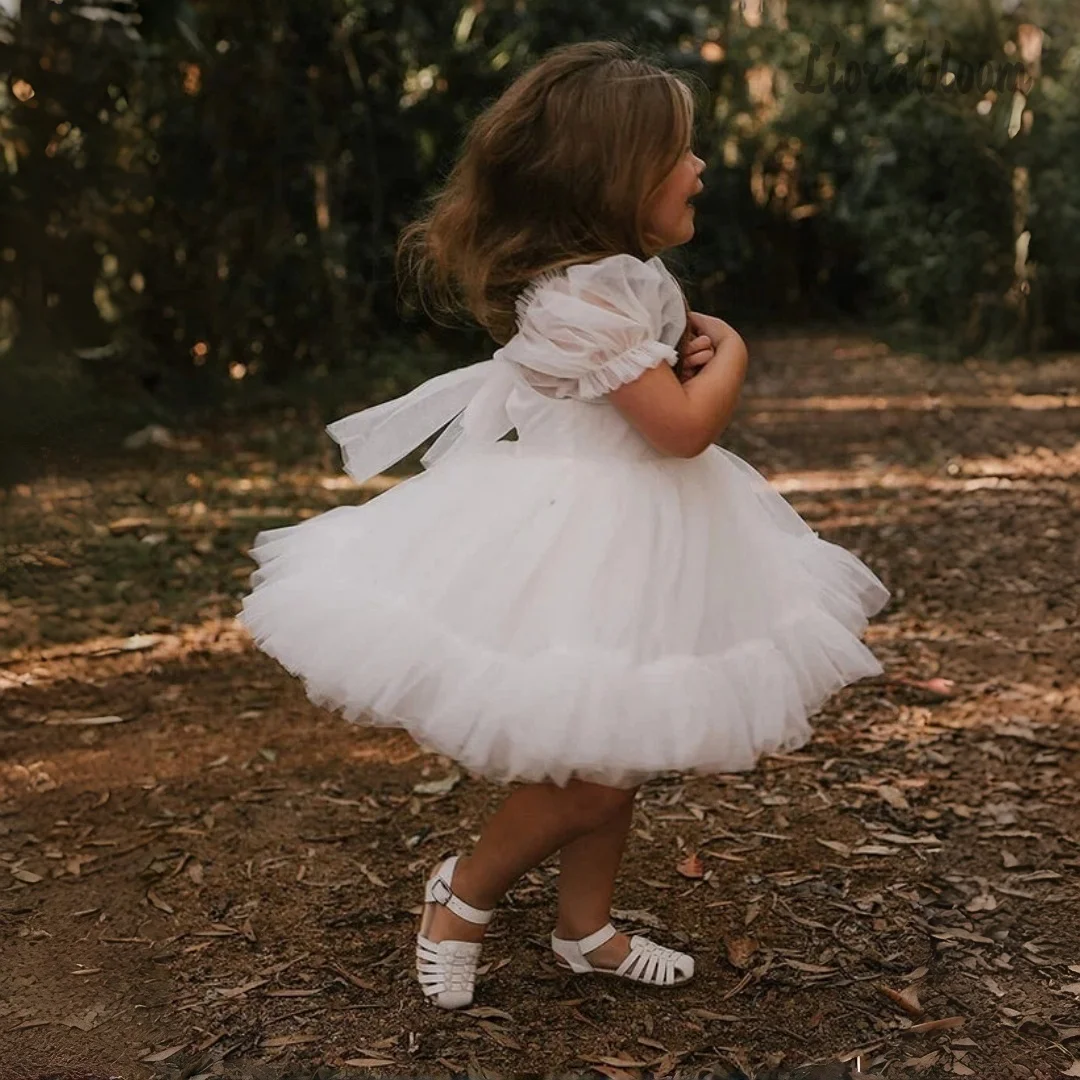 Abito da damigella d'onore su misura per bambina, senza schienale, in tulle, corto, elegante, per feste di matrimonio, vestito da donna