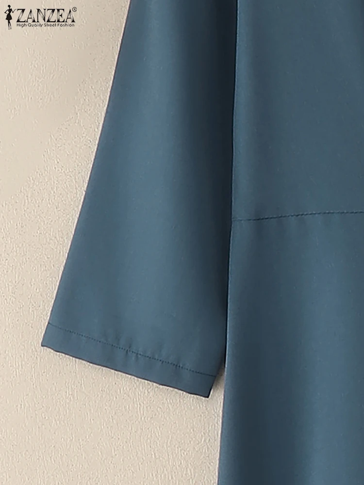 ZANZEA Women's Casual Pleated Midi Dress V-Neck 3/4 Sleeve Button Up A-Line Dresses Elegant Office Commuting Wear Woman Clothing