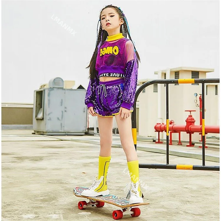 3pcs Set Girl Jazz Dance Costume Children Street Hip hop Dance Girl Jazz Stage Sequin Girl Jazz Dance Costume for Girls