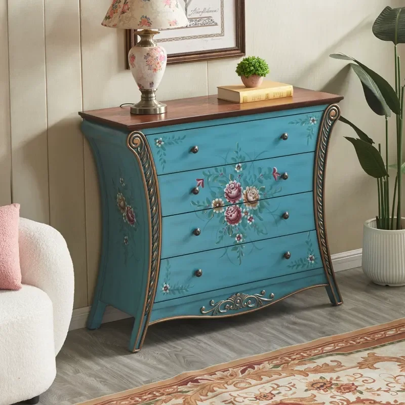 American Rural Solid Wood Porch Cabinet 4 Drawer Chest Retro Living Room Storage Locker Painted Wall Mounted Four Bucket