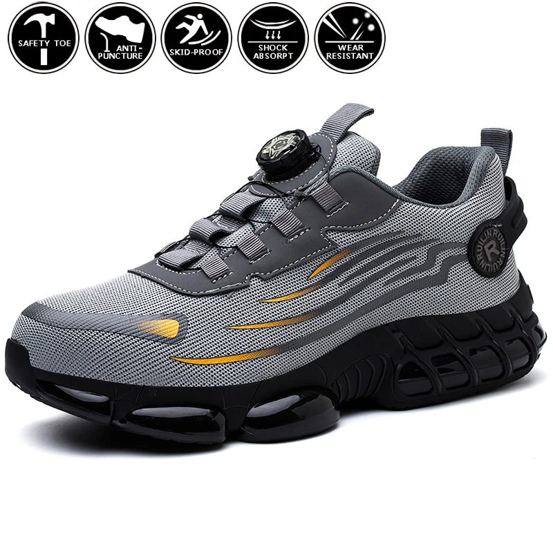Rotating Button Steel Toe Anti-Puncture Non Slip Work Shoes Man Lightweight Breathable Safety Shoes Men's Work Shoes Boots