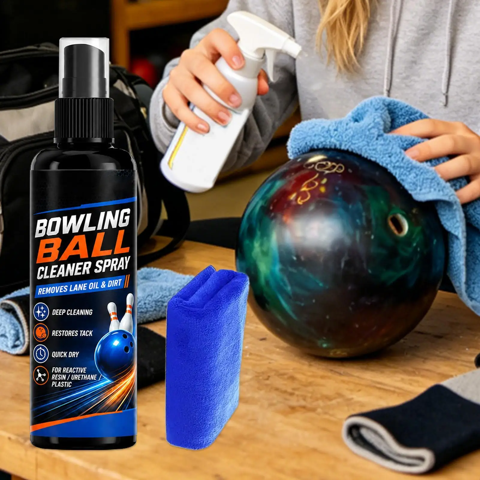 50/100mlPortable Bowling Ball Cleaning Spray With Towel Oil Remover Agent Dirt Cleaner For Performance Tackiness Restoration Gym
