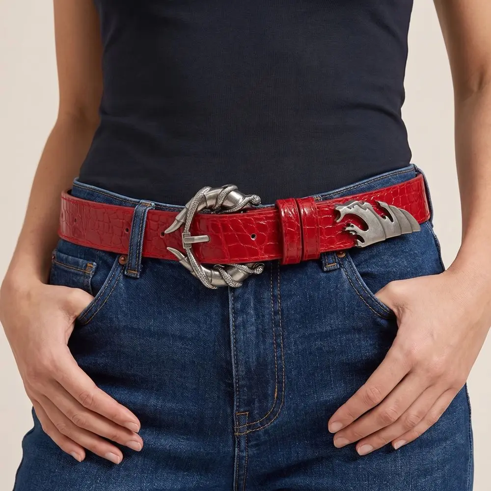 Fashion PU Leather Double Snake Belt Irregular Subculture Women Belt Gothic Punk Style Snake Buckle Waistband Jeans Accessories
