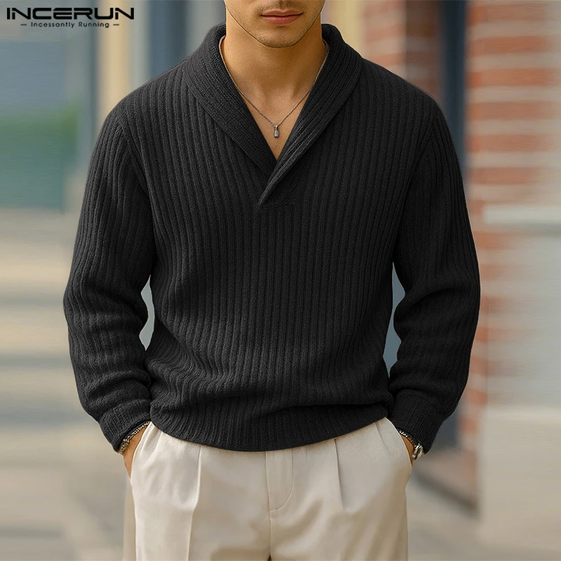 INCERUN Men Sweater Solid Color Knitted Lapel Long Sleeve Male Pullovers Spring Autumn Streetwear Fashion Casual Men Clothing