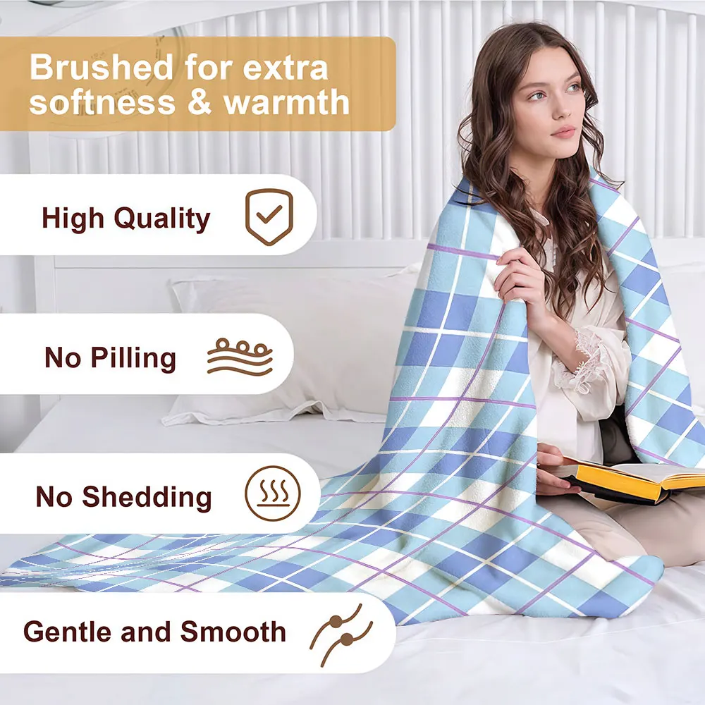 Blue Lavender Argyle Soft Warm Flannel Blanket Lightweight Cozy Christmas Halloween Home Decor Room