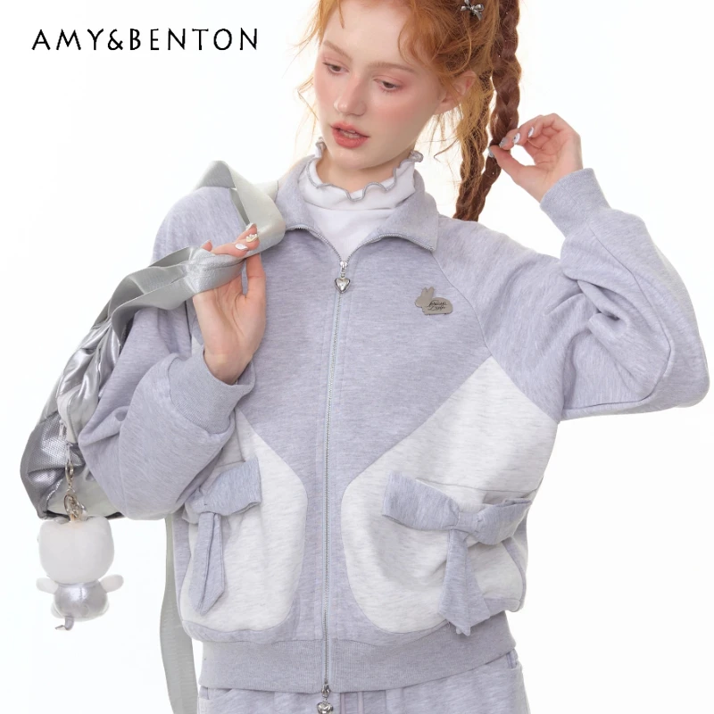 

Autumn New Light Gray Cute Bow Women's Casual Coat Retro Design Loose Slimming Versatile Sports Sweatshirt Long Skirt Set Ladies