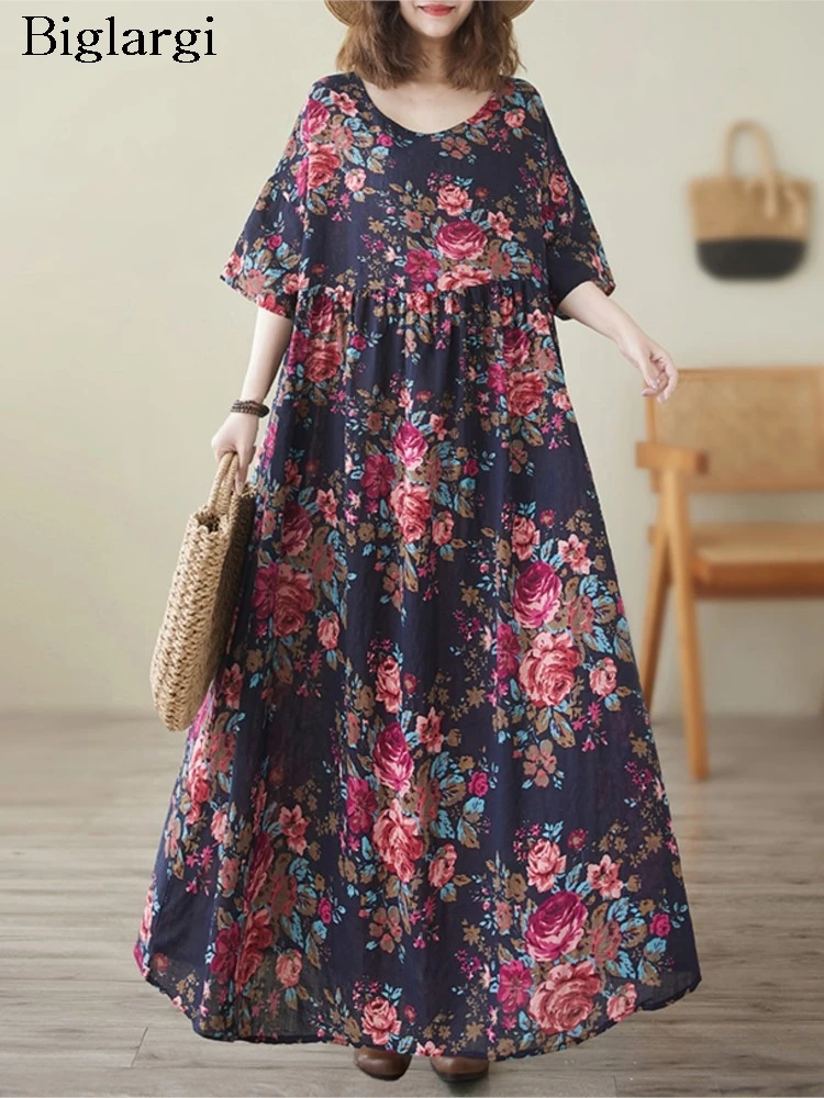 

Oversized Summer Flower Floral Print Dress Women A-Line Loose Casual Ruffle Ladies Dresses Pleated Fashion Woman Long Dress