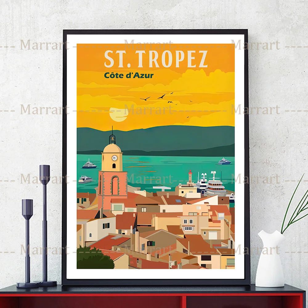Canvas Print Stad Landschap Illustratie Abstracte Kunst Poster Print Algarve,San Sebastian,St Tropez,Malta,Bilbao,Vintage Muurkunst