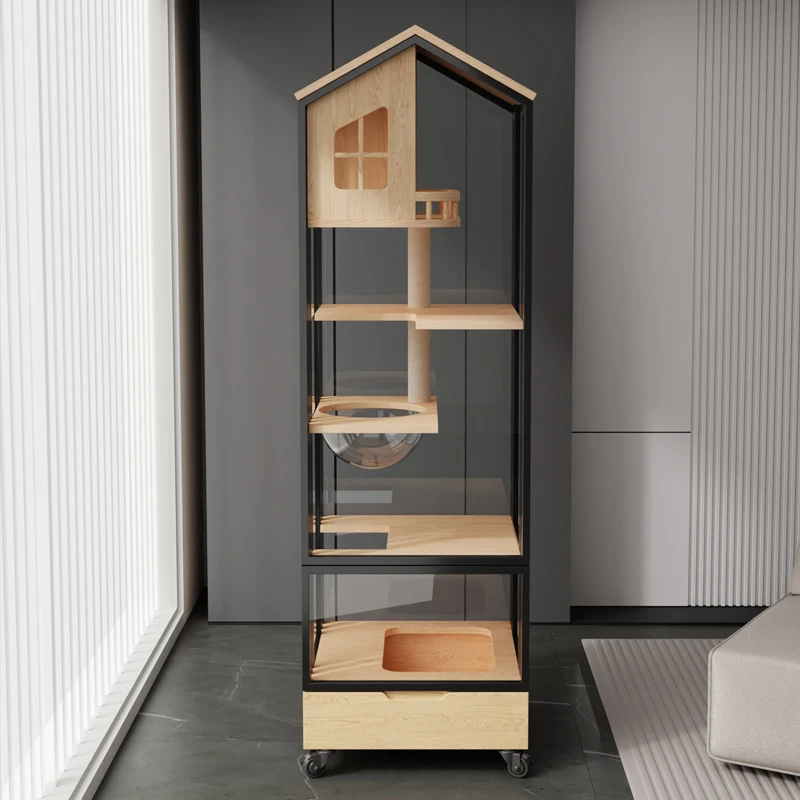 

Solid wood cat villa household indoor small apartment does not occupy a cat litter box with toilet integrated black cat cage