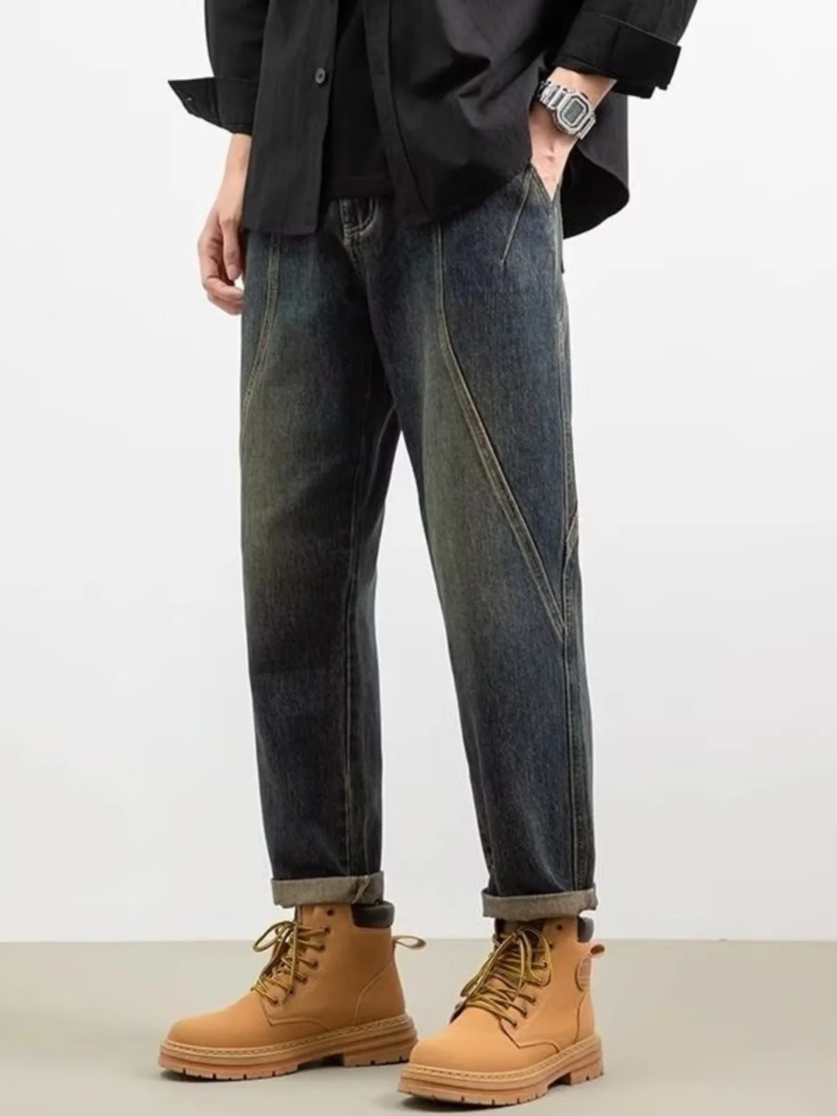 

Retro Waed Men's Denim Jeans Loose Straight Leg Long Trousers Autumn Winter Spring Faion Brand Casual Wear Durable