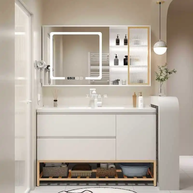 

Nordic Bathroom Vanity Cabinet with Ceramic Sink Combination Set Modern Floor Cabinet Washstand Stone Slab One Basin Hand Wash