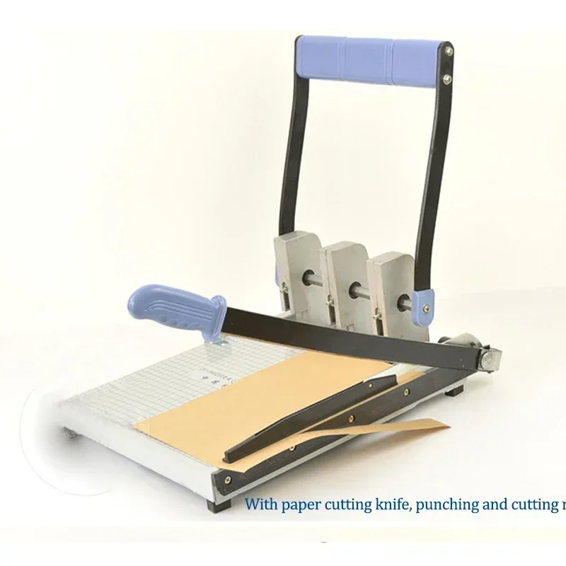 Specialized 3-hole punch for personnel files; dual-purpose paper cutter and hole punch designed for document binding.