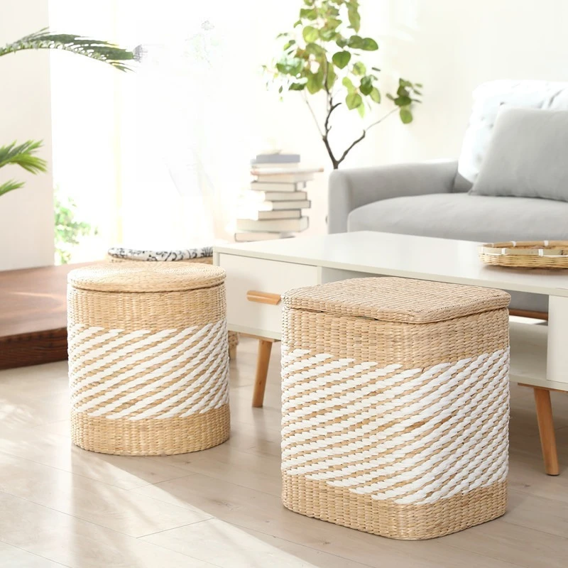Pumpgrass straw storage stool, shoe changing stool can sit, storage box stool, rectangular sofa, storage stool, puffed