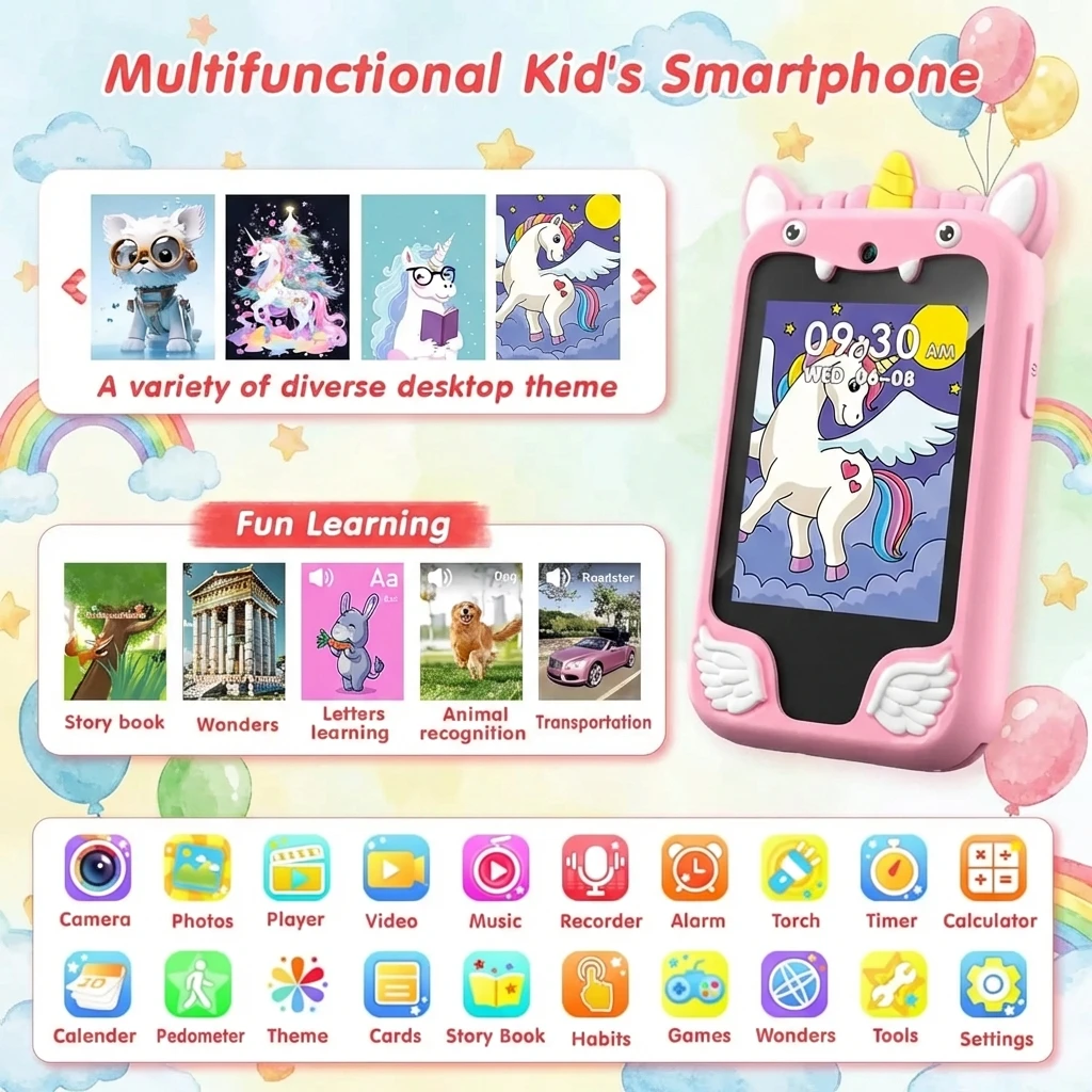 Telefono Musicale per Bambini, Giocattolo Educativo con Touchscreen a Forma di Unicorno, Regalo di Compleanno e Natale per Bambine e Bambini
