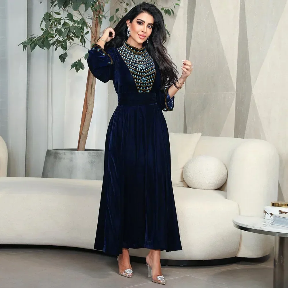 Vintage  Blue Water Droplet Hot Drill Jalabia Robe Dinner Party Dress for Women Corduroy Muslim Dubai Abayas Femme Turkey Kaftan